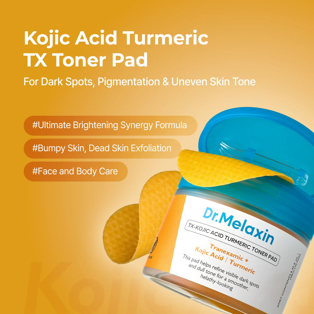 Kojic Acid Turmeric TX Toner Pad 70pads, Dark Spot & Pigmentation Care for Uneven Skin Tone
